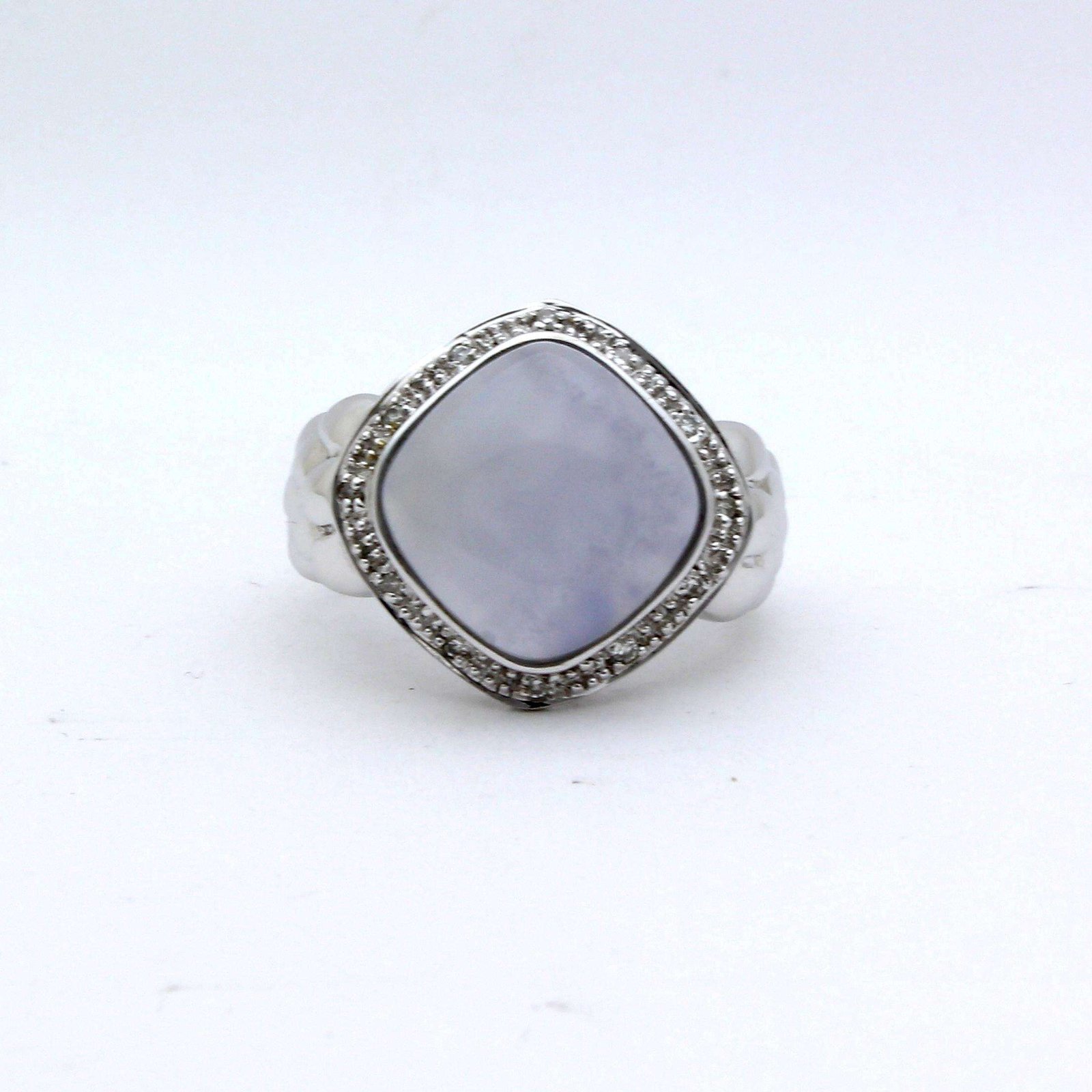 Jewelry Clearance Sale 14 karat white gold 12x12 mm square cabochon blue chalcedony center tiny diamonds ladies ring size 6.75